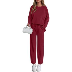 imagePRETTYGARDEN Womens 2 Piece Matching Lounge Sets 2025 Fall Long Sleeve Boatneck Sweatsuit Drawstring Sweatpants PocketsBurgundy