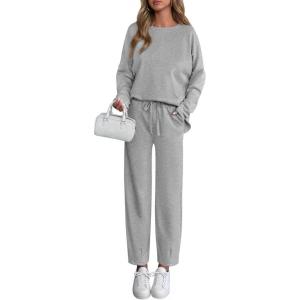 imagePRETTYGARDEN Womens 2 Piece Matching Lounge Sets 2025 Fall Long Sleeve Boatneck Sweatsuit Drawstring Sweatpants PocketsGrey