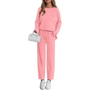 imagePRETTYGARDEN Womens 2 Piece Matching Lounge Sets 2025 Fall Long Sleeve Boatneck Sweatsuit Drawstring Sweatpants PocketsPink