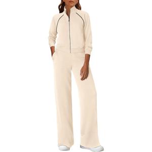 imagePRETTYGARDEN Womens 2 Piece Outfits Sweatsuits 2025 Fall Full Zip Sweatshirts Workout Pants Matching Lounge Sets TracksuitsBeige