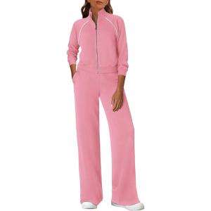 imagePRETTYGARDEN Womens 2 Piece Outfits Sweatsuits 2025 Fall Full Zip Sweatshirts Workout Pants Matching Lounge Sets TracksuitsPink