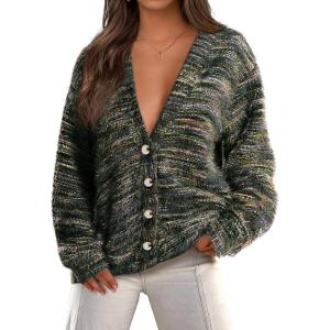 imagePRETTYGARDEN Womens Cardigan Sweaters Fall Fashion 2025 Striped Long Sleeve Button V Neck Knit Fuzzy Outerwear Winter ClothesArmy Green