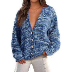 imagePRETTYGARDEN Womens Cardigan Sweaters Fall Fashion 2025 Striped Long Sleeve Button V Neck Knit Fuzzy Outerwear Winter ClothesBlue