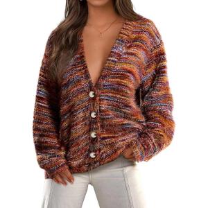 imagePRETTYGARDEN Womens Cardigan Sweaters Fall Fashion 2025 Striped Long Sleeve Button V Neck Knit Fuzzy Outerwear Winter ClothesBurnt Orange