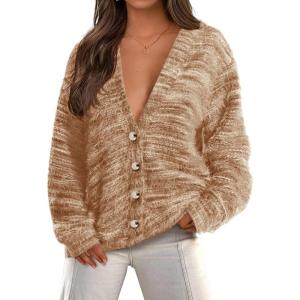 imagePRETTYGARDEN Womens Cardigan Sweaters Fall Fashion 2025 Striped Long Sleeve Button V Neck Knit Fuzzy Outerwear Winter ClothesKhaki