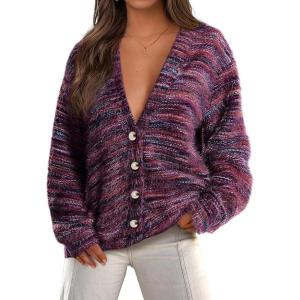 imagePRETTYGARDEN Womens Cardigan Sweaters Fall Fashion 2025 Striped Long Sleeve Button V Neck Knit Fuzzy Outerwear Winter ClothesPurple