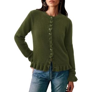 imagePRETTYGARDEN Womens Fall Button Down Cardigans Chunky Knit Ruffle Open Front Cropped Cardigan Sweaters Soft Long Sleeve TopsArmy Green