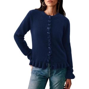 imagePRETTYGARDEN Womens Fall Button Down Cardigans Chunky Knit Ruffle Open Front Cropped Cardigan Sweaters Soft Long Sleeve TopsNavy Blue