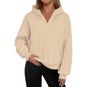 imagePRETTYGARDEN Womens Hoodies Cropped Fleece Sweatshirts 2025 Fall Fashion Quarter Zip Pullover Long Sleeve Tops Winter ClothesApricot