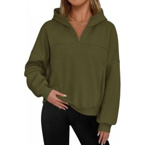 imagePRETTYGARDEN Womens Hoodies Cropped Fleece Sweatshirts 2025 Fall Fashion Quarter Zip Pullover Long Sleeve Tops Winter ClothesArmy Green