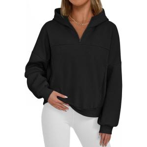 imagePRETTYGARDEN Womens Hoodies Cropped Fleece Sweatshirts 2025 Fall Fashion Quarter Zip Pullover Long Sleeve Tops Winter ClothesBlack