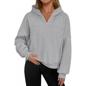 imagePRETTYGARDEN Womens Hoodies Cropped Fleece Sweatshirts 2025 Fall Fashion Quarter Zip Pullover Long Sleeve Tops Winter ClothesGrey