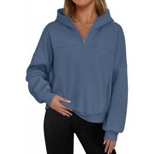 imagePRETTYGARDEN Womens Hoodies Cropped Fleece Sweatshirts 2025 Fall Fashion Quarter Zip Pullover Long Sleeve Tops Winter ClothesGrey Blue