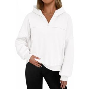 imagePRETTYGARDEN Womens Hoodies Cropped Fleece Sweatshirts 2025 Fall Fashion Quarter Zip Pullover Long Sleeve Tops Winter ClothesWhite