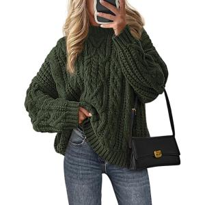 imagePRETTYGARDEN Womens Oversized Fall Sweaters 2025 Casual Long Sleeve Crewneck Chunky Cable Knit Pullover Tops Winter ClothesArmy Green