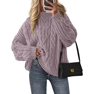 imagePRETTYGARDEN Womens Oversized Fall Sweaters 2025 Casual Long Sleeve Crewneck Chunky Cable Knit Pullover Tops Winter ClothesLight Purple