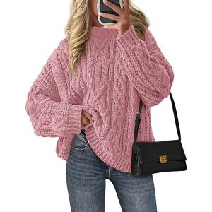 imagePRETTYGARDEN Womens Oversized Fall Sweaters 2025 Casual Long Sleeve Crewneck Chunky Cable Knit Pullover Tops Winter ClothesPink