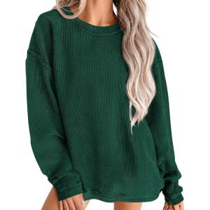 imagePRETTYGARDEN Womens Oversized Sweatshirt 2025 Fall Fashion Clothes Ribbed Corduroy Long Sleeve Going Out Pullover TopsDark Green
