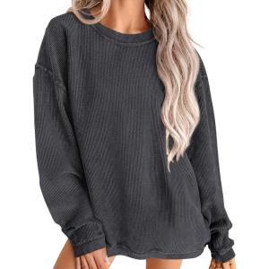 imagePRETTYGARDEN Womens Oversized Sweatshirt 2025 Fall Fashion Clothes Ribbed Corduroy Long Sleeve Going Out Pullover TopsDark Grey