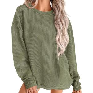 imagePRETTYGARDEN Womens Oversized Sweatshirt 2025 Fall Fashion Clothes Ribbed Corduroy Long Sleeve Going Out Pullover TopsGreen