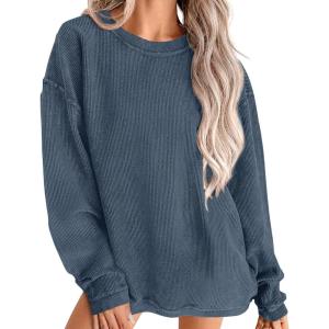 imagePRETTYGARDEN Womens Oversized Sweatshirt 2025 Fall Fashion Clothes Ribbed Corduroy Long Sleeve Going Out Pullover TopsGrey Blue