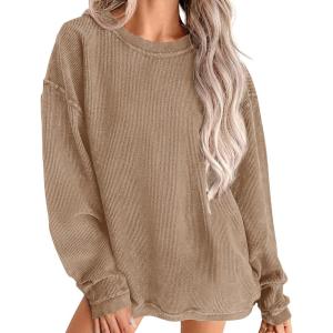 imagePRETTYGARDEN Womens Oversized Sweatshirt 2025 Fall Fashion Clothes Ribbed Corduroy Long Sleeve Going Out Pullover TopsKhaki