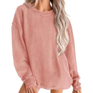 imagePRETTYGARDEN Womens Oversized Sweatshirt 2025 Fall Fashion Clothes Ribbed Corduroy Long Sleeve Going Out Pullover TopsPink