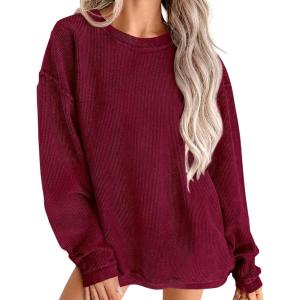 imagePRETTYGARDEN Womens Oversized Sweatshirt 2025 Fall Fashion Clothes Ribbed Corduroy Long Sleeve Going Out Pullover TopsWine Red