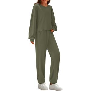 imagePRETTYGARDEN Womens Two Piece Lounge Sets 2025 Fall Airport Outfits Long Sleeve Pullover Tops Sweatpants Matching ClothingArmy Green