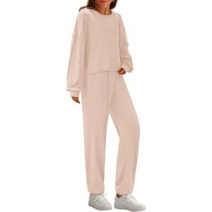 imagePRETTYGARDEN Womens Two Piece Lounge Sets 2025 Fall Airport Outfits Long Sleeve Pullover Tops Sweatpants Matching ClothingBeige