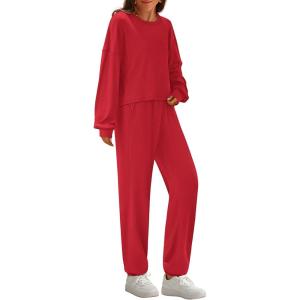 imagePRETTYGARDEN Womens Two Piece Lounge Sets 2025 Fall Airport Outfits Long Sleeve Pullover Tops Sweatpants Matching ClothingRed