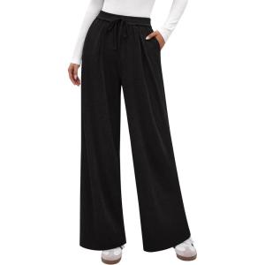 imagePRETTYGARDEN Womens Wide Leg Pants 2025 Fall Elastic High Waisted Knit Casual Lounge Palazzo Pant Trousers with PocketsBlack