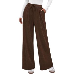 imagePRETTYGARDEN Womens Wide Leg Pants 2025 Fall Elastic High Waisted Knit Casual Lounge Palazzo Pant Trousers with PocketsBrown