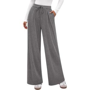 imagePRETTYGARDEN Womens Wide Leg Pants 2025 Fall Elastic High Waisted Knit Casual Lounge Palazzo Pant Trousers with PocketsGrey
