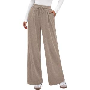imagePRETTYGARDEN Womens Wide Leg Pants 2025 Fall Elastic High Waisted Knit Casual Lounge Palazzo Pant Trousers with PocketsKhaki