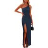 imagePRETTYGARDEN Womens 2025 Summer Formal Wedding Guest Dresses One Shoulder Spaghetti Strap High Slit Maxi Bodycon DressNavy Blue