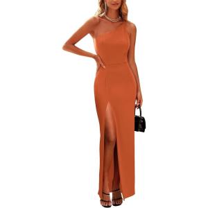 imagePRETTYGARDEN Womens 2025 Summer Formal Wedding Guest Dresses One Shoulder Spaghetti Strap High Slit Maxi Bodycon DressBrown