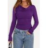 imagePRETTYGARDEN Womens Long Sleeve Cowl Neck Ribbed Knit Fall Shirts Slim Fit Ruched Going Out Crop Tops Basic TShirtsPurple