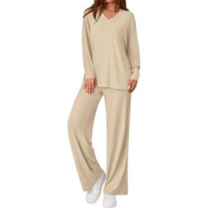 imagePRETTYGARDEN 2 Piece Lounge Sets for Women Fall Outfits 2025 Casual Loose Long Sleeve Tops Wide Leg Pants Matching Pajama SetBeige