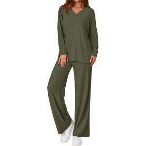 imagePRETTYGARDEN 2 Piece Lounge Sets for Women Fall Outfits 2025 Casual Loose Long Sleeve Tops Wide Leg Pants Matching Pajama SetGrey Green