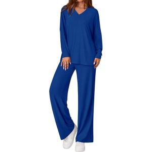 imagePRETTYGARDEN 2 Piece Lounge Sets for Women Fall Outfits 2025 Casual Loose Long Sleeve Tops Wide Leg Pants Matching Pajama SetRoyal Blue