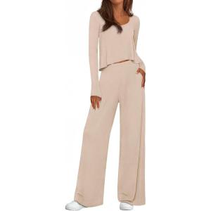 imagePRETTYGARDEN Womens 2 Piece Lounge Fall Sets 2025 Casual Long Sleeve Pajamas Comfy Pants Matching Travel Outfits ClothesBeige