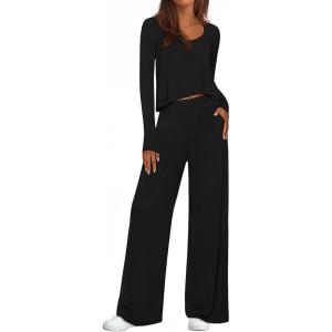 imagePRETTYGARDEN Womens 2 Piece Lounge Fall Sets 2025 Casual Long Sleeve Pajamas Comfy Pants Matching Travel Outfits ClothesBlack