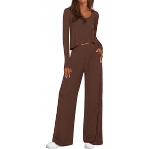 imagePRETTYGARDEN Womens 2 Piece Lounge Fall Sets 2025 Casual Long Sleeve Pajamas Comfy Pants Matching Travel Outfits ClothesBrown