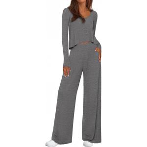 imagePRETTYGARDEN Womens 2 Piece Lounge Fall Sets 2025 Casual Long Sleeve Pajamas Comfy Pants Matching Travel Outfits ClothesDark Grey