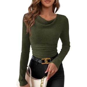 imagePRETTYGARDEN Womens Long Sleeve Cowl Neck Ribbed Knit Fall Shirts Slim Fit Ruched Going Out Crop Tops Basic TShirtsArmy Green