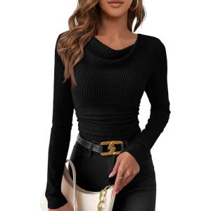 imagePRETTYGARDEN Womens Long Sleeve Cowl Neck Ribbed Knit Fall Shirts Slim Fit Ruched Going Out Crop Tops Basic TShirtsBlack