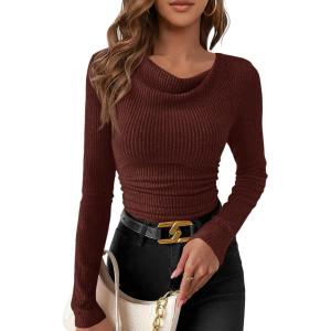 imagePRETTYGARDEN Womens Long Sleeve Cowl Neck Ribbed Knit Fall Shirts Slim Fit Ruched Going Out Crop Tops Basic TShirtsDark Brown