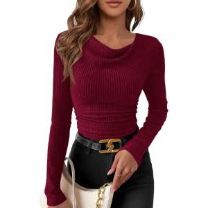 imagePRETTYGARDEN Womens Long Sleeve Cowl Neck Ribbed Knit Fall Shirts Slim Fit Ruched Going Out Crop Tops Basic TShirtsDark Red