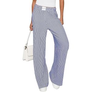 imagePRETTYGARDEN Womens Striped Pajama Pants 2025 Fall Fashion Clothing Lounge Sleep Pj Bottoms Comfy Casual Wide Leg TrousersNavy Blue